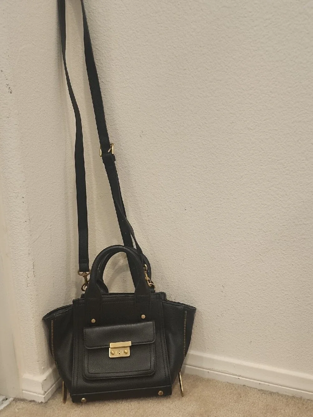 Black Leather Satchel Handbag with Gold Hardware